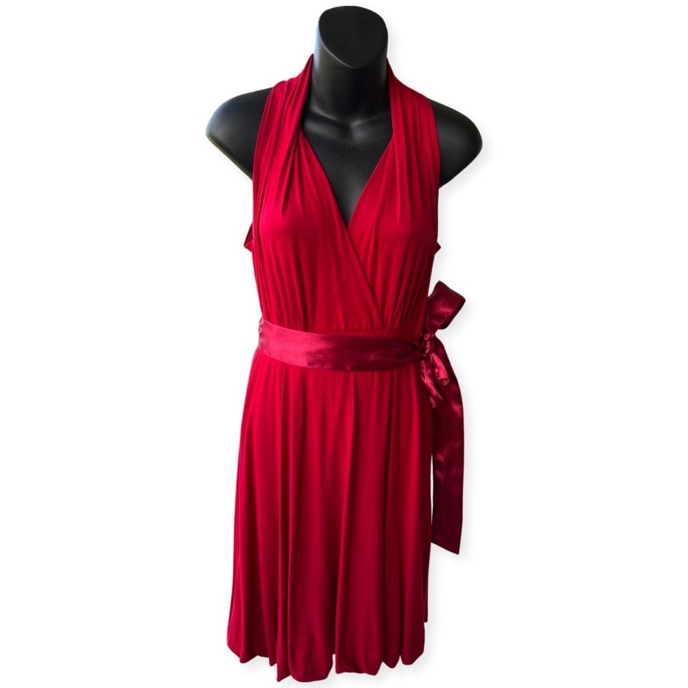 🌸4/$50🌸 Red Halter Wrap Cocktail Dress Satin Sash Lined Bubble Hem - Picture 1 of 13